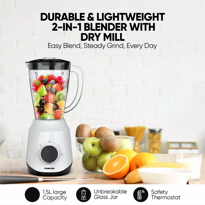Nikai Blender 1.5L 450W 2 In 1 Unbreakable Pc Jar 3 Speeds Stainless Blades Easy To Clean Detachable Parts Perfect For Blending And Grinding - Nb2511Ax 2 Nikai Blender 1.5L 450W 2 In 1 Unbreakable Pc Jar 3 Speeds Stainless Blades Easy To Clean Detachable Parts Perfect For Blending And Grinding - Nb2511Ax