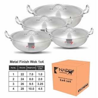 Nadstar Wok Karai Set 4Pcs Set With Lid & Handle Metal Finish Wok 1L 2L 3.2L 4.5L MF1X4