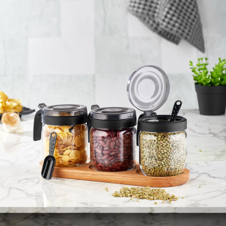 Hane Spice Jar 425ml x 3pcs Set Bergen Wooden Stand HN2936