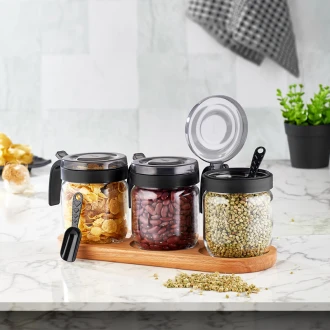 Hane Spice Jar 425ml x 3pcs Set Bergen Wooden Stand HN2936