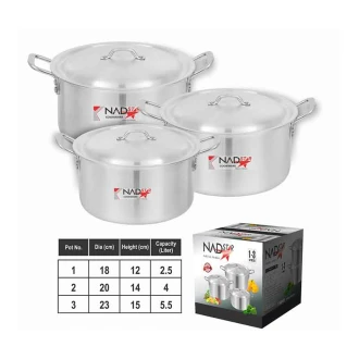 Nadstar Cookware Set 3Pcs Set With Lid & Handle Metal Finish Sufuria 2.5L 4L 5L 1x3