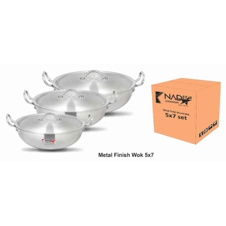 Nadstar Wok Karai Set 3Pcs Set With Lid & Handle Metal Finish Wok Jumbo Round WJ31/36