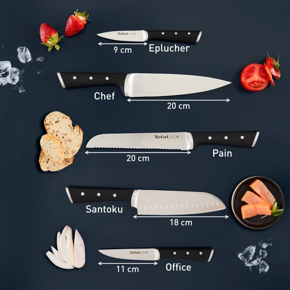 Tefal Ice Force Wooden Block With 5 Slots And 5 Knives: Bread Knife 20 Cm / Chef Knife 20 Cm / Santoku Knife 18 Cm / Paring Knife 11 Cm / Carving Knife 9 Cm K232S574 11 Tefal Ice Force Wooden Block With 5 Slots And 5 Knives: Bread Knife 20 Cm / Chef Knife 20 Cm / Santoku Knife 18 Cm / Paring Knife 11 Cm / Carving Knife 9 Cm K232S574