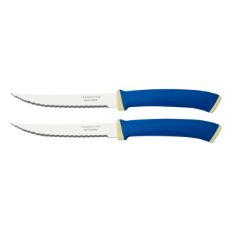 Tramontina Felice Barbecue Knife 5'' Stainless Steel Blades, Microserrated Edge & Blue Polypropylene Handles 2pc Set 23494/215