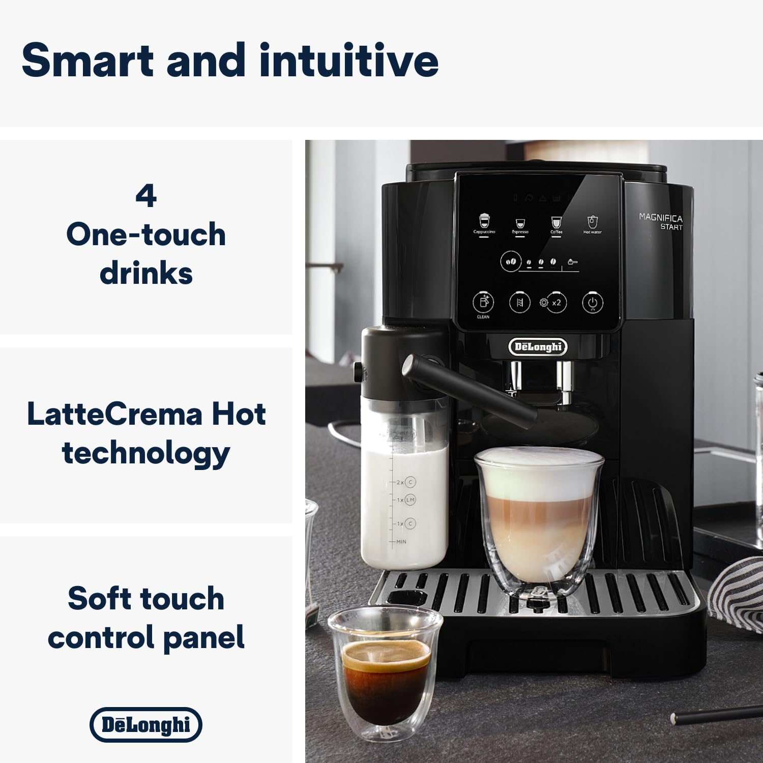De'Longhi Magnifica Start Fully Automatic Bean To Cup Coffee Machine With 4 One-Touch Recipes, Soft-Touch Control Panel, Auto Milk, 1450W, Black Ecam220.60.B 2 De'Longhi Magnifica Start Fully Automatic Bean To Cup Coffee Machine With 4 One-Touch Recipes, Soft-Touch Control Panel, Auto Milk, 1450W, Black Ecam220.60.B