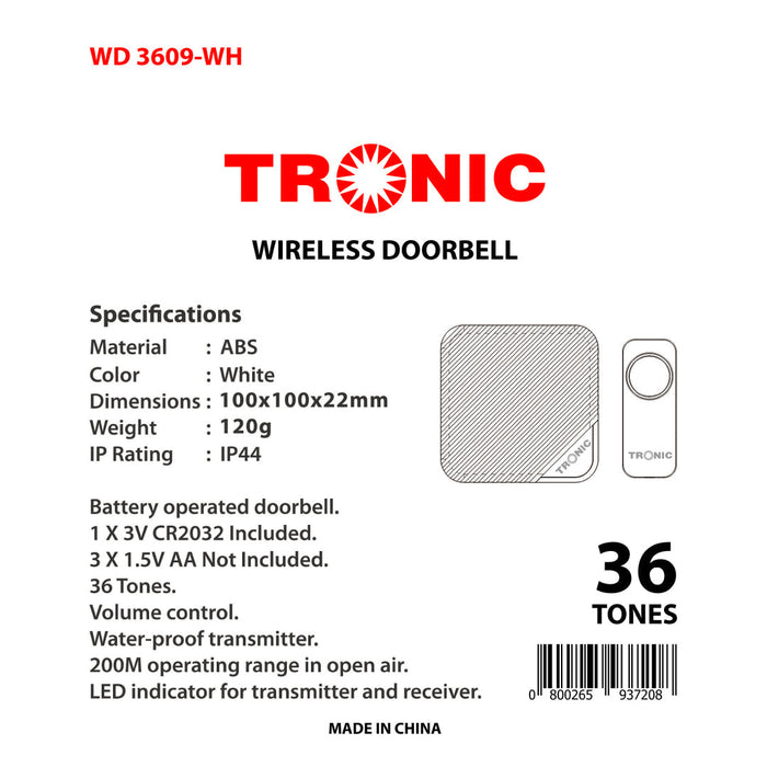 Tronic Wireless Doorbell Wd 3609-Bk 9 Tronic Wireless Doorbell Wd 3609-Bk