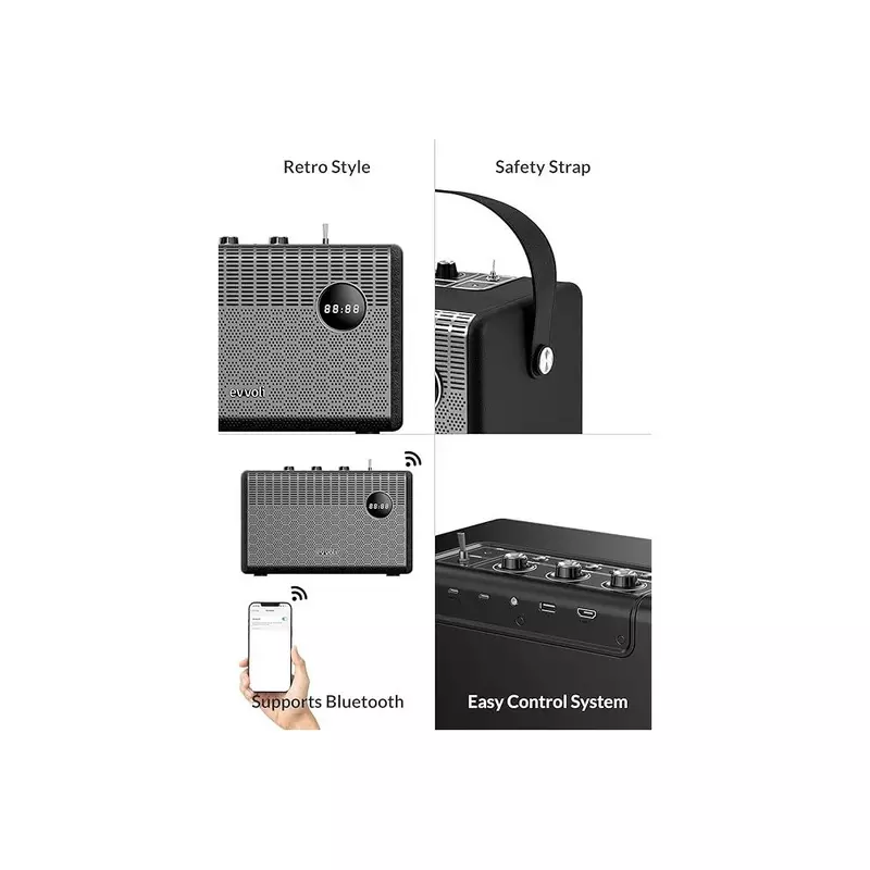 Evvoli Retro Bluetooth Speaker 50W Portable Heavy Bass Speaker Black Evaud-Rb51A 3 Evvoli Retro Bluetooth Speaker 50W Portable Heavy Bass Speaker Black Evaud-Rb51A