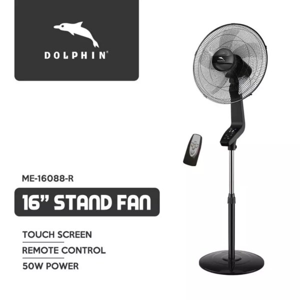 Dolphin Stand Fan - 16", 50W with Timer & Speed Settings, Plastic Blades, Remote Control and Touch Screen, ME-16088.