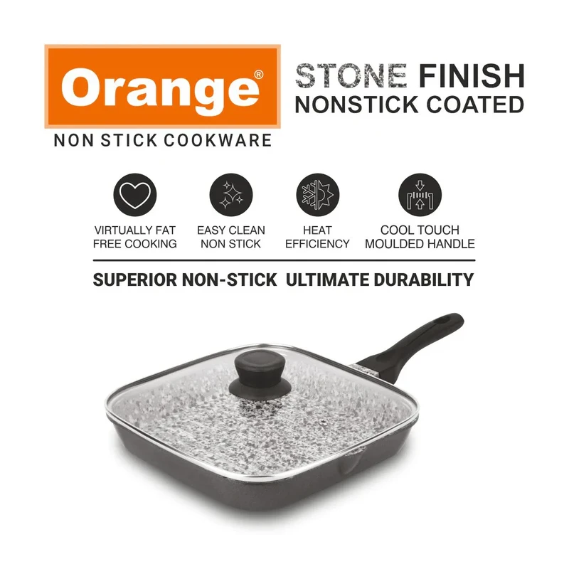 Orange Grill Pan Stone Finish 24Cm Non-Stick With Glass Lid, 5 Layer Coating Onsc397 6 Orange Grill Pan Stone Finish 24Cm Non-Stick With Glass Lid, 5 Layer Coating Onsc397