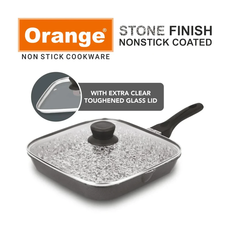 Orange Grill Pan Stone Finish 24Cm Non-Stick With Glass Lid, 5 Layer Coating Onsc397 3 Orange Grill Pan Stone Finish 24Cm Non-Stick With Glass Lid, 5 Layer Coating Onsc397