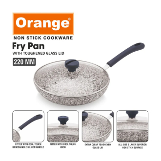 Orange Non-Stick Fry Pan Stone Finish 24cm with Glass Lid Rockstar Series ONSC405
