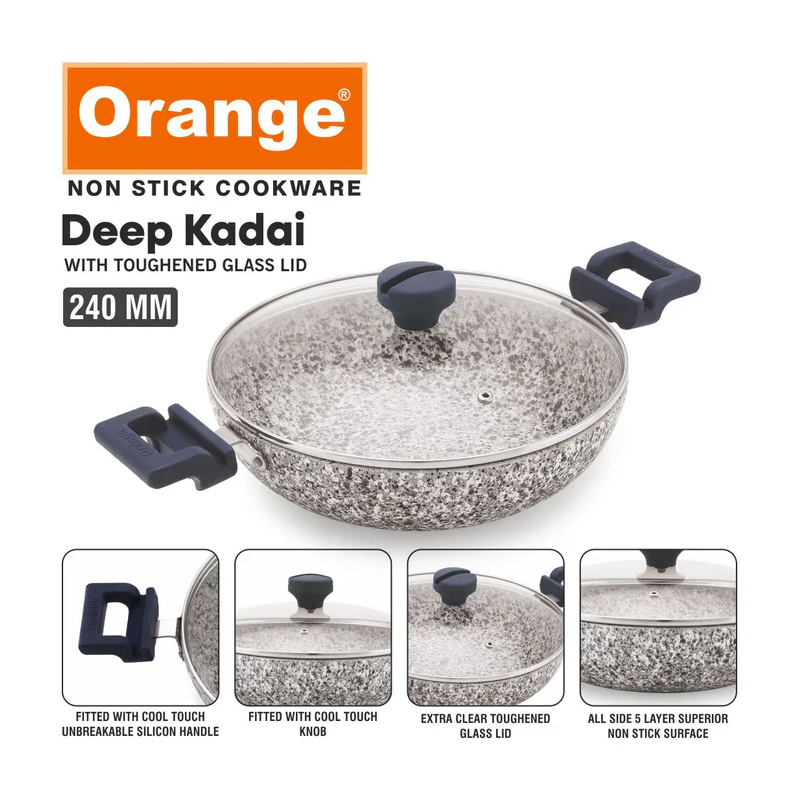 Orange Non-Stick Deep Kadai Stone Finish 24Cm With Glass Lid Rockstar Series Onsc406 4 Orange Non-Stick Deep Kadai Stone Finish 24Cm With Glass Lid Rockstar Series Onsc406