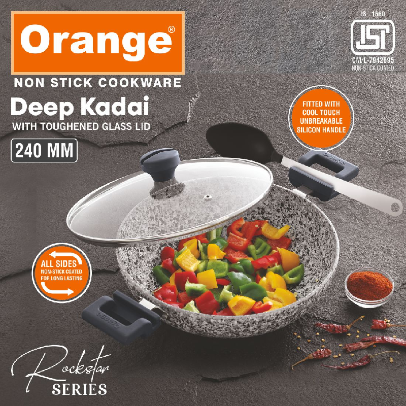 Orange Non-Stick Deep Kadai Stone Finish 24Cm With Glass Lid Rockstar Series Onsc406 2 Orange Non-Stick Deep Kadai Stone Finish 24Cm With Glass Lid Rockstar Series Onsc406