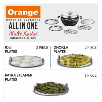 Orange All in One Multi Kadai with Idli, Dhokla & Patra Steamer Plates OHAC128