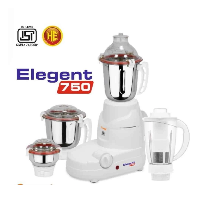 Orange Mixer Grinder 750W With 3Pcs Stainless Steel Jars, 1 Polycarbonate Juice Jar Elegant 2 Orange Mixer Grinder 750W With 3Pcs Stainless Steel Jars, 1 Polycarbonate Juice Jar Elegant