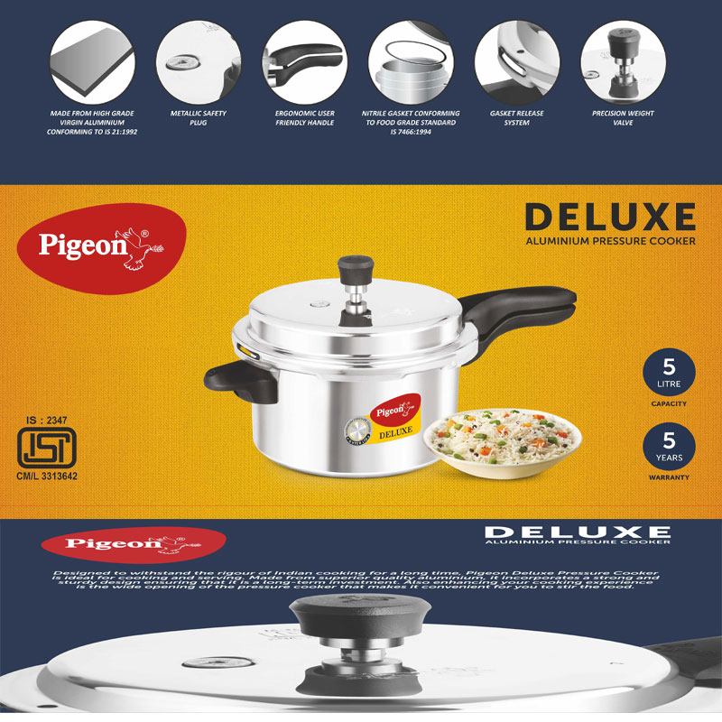 Pigeon Pressure Cooker 5L Deluxe Outer Lid Aluminium Sap 103 - Ergonomic Sturdy Handle Thermal Efficiency Special Alloy Safety Plug 14 Pigeon Pressure Cooker 5L Deluxe Outer Lid Aluminium Sap 103 - Ergonomic Sturdy Handle Thermal Efficiency Special Alloy Safety Plug