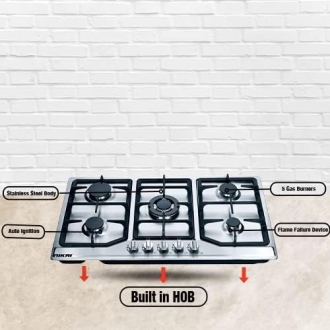 Nikai Gas Cooker 5 Burner Steel Built in Hob 800x500x120 NGH5005N Stainless Steel Auto Ignition System With Cast Iron Pan Support Straight Flame