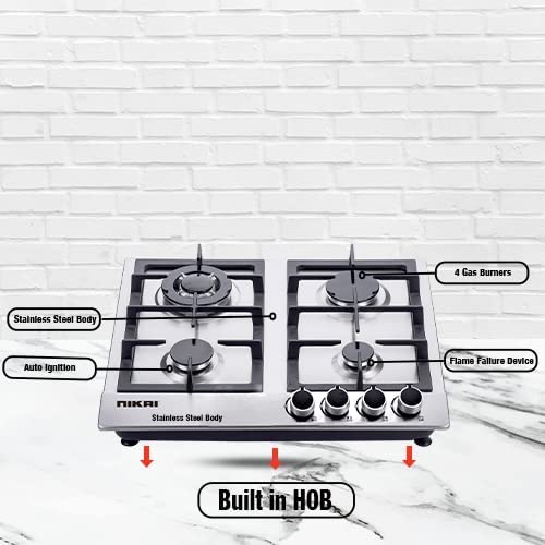 Nikai Gas Cooker 4 Burner Steel Built In Hob 50X45X25 Ngh3005N Stainless Steel Auto Pulse Ignition System Heavy Cast Iron Pan Support Straight Flame 4 Nikai Gas Cooker 4 Burner Steel Built In Hob 50X45X25 Ngh3005N Stainless Steel Auto Pulse Ignition System Heavy Cast Iron Pan Support Straight Flame