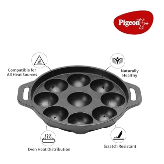 Pigeon Kitumbua Nonstick Paniyarakkal 9 Round - 4 Mm Thickness Sturdy Cool Touch Handle Metal Spoon Friendly Sap 16273