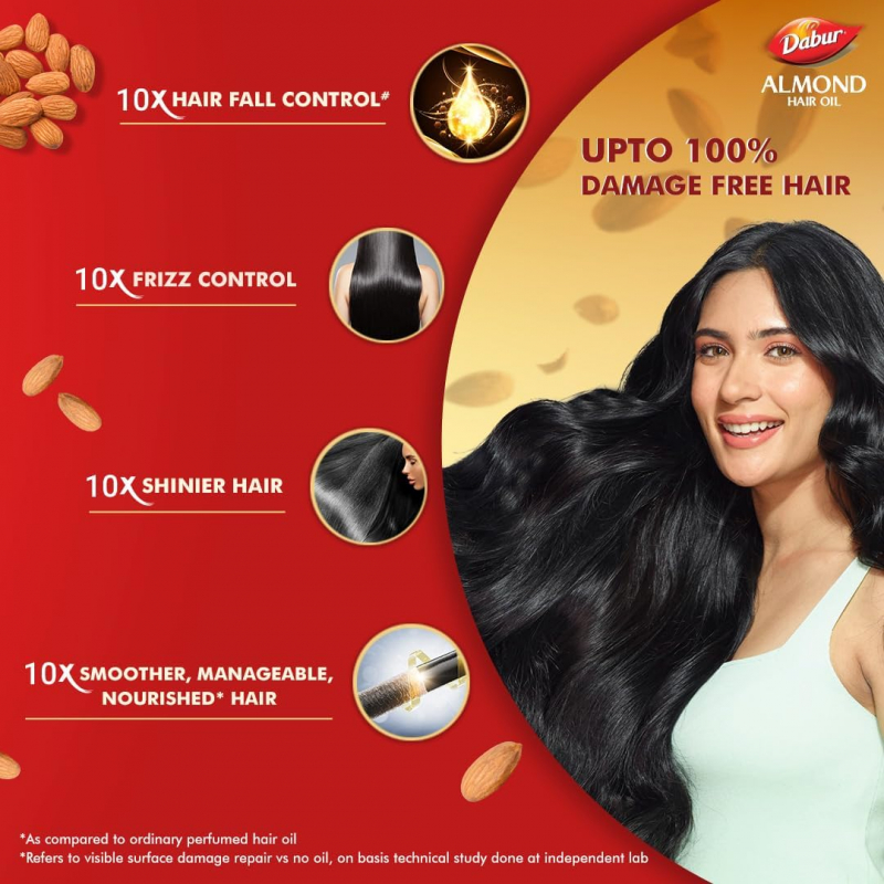 Dabur Almond Hair Oil Damage Protection, Non Sticky Formula With Almonds, Soya Protein &Amp; Vitamin E, For Soft &Amp; Shiny Hair, 300Ml 7 Dabur Almond Hair Oil Damage Protection, Non Sticky Formula With Almonds, Soya Protein &Amp; Vitamin E, For Soft &Amp; Shiny Hair, 300Ml - Set Of 3 Pcs