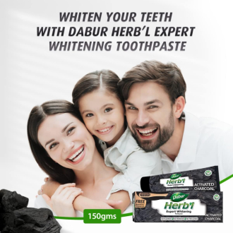 Dabur Herb'l Toothpaste Activated Charcoal Enriched with Activated Charcoal, For Healthy Gums & Strong Teeth, 150g with Brush - Set of 3 Pcs