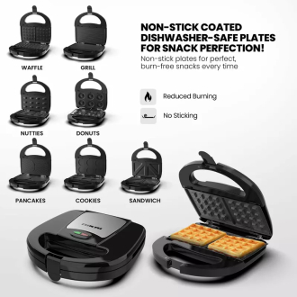 Nikai Sandwich Toaster 4 Slice 7 In 1 Sandwich, Grill, Donut, Waffle, Cup Cake, Nutty, Conemaker 750W NGT727D Non Stick Cooking Plate Cool Touch Housing Detachable Plates With Light Indicator