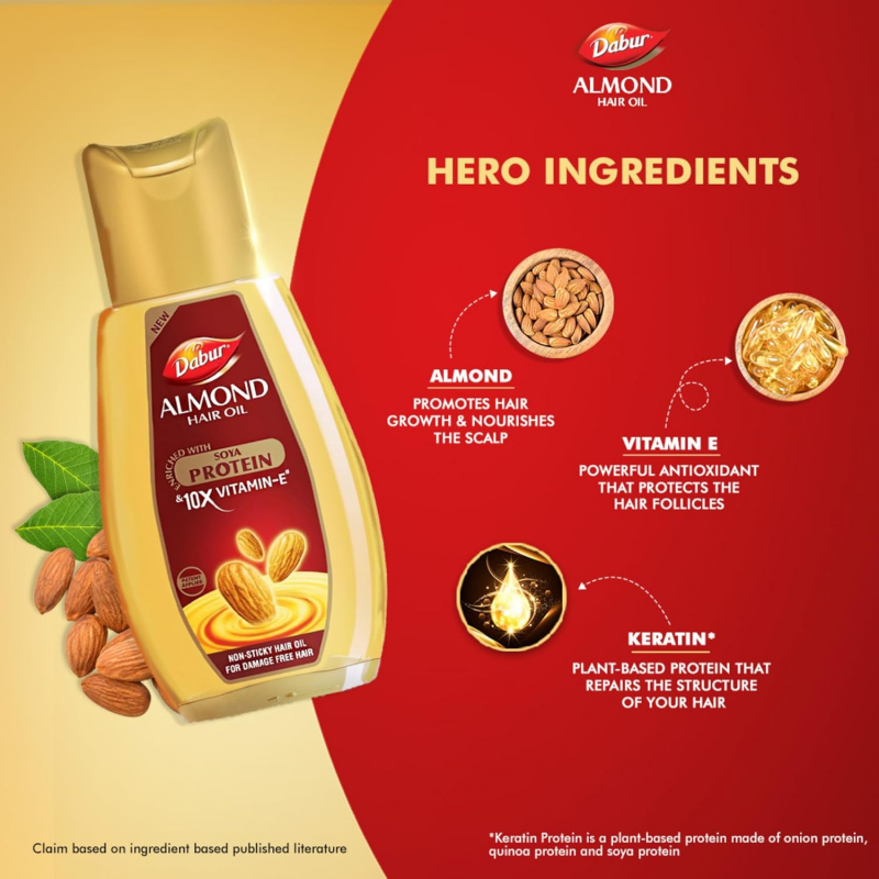 Dabur Almond Hair Oil Damage Protection, Non Sticky Formula With Almonds, Soya Protein &Amp; Vitamin E, For Soft &Amp; Shiny Hair, 300Ml 6 Dabur Almond Hair Oil Damage Protection, Non Sticky Formula With Almonds, Soya Protein &Amp; Vitamin E, For Soft &Amp; Shiny Hair, 300Ml - Set Of 3 Pcs