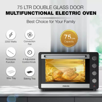 Nikai Oven Electric 75L With Rosting Function 4 Knobs Control 2200W NT75RCZ 120 Mins Timer Convection Function Single Inner Light Glass Panel