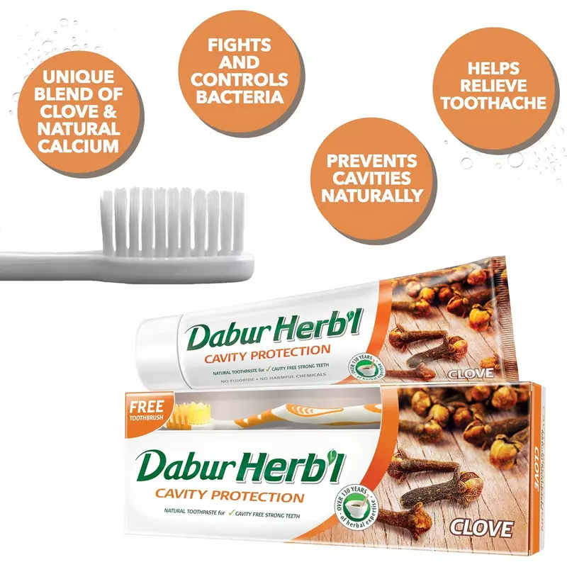 Dabur Herbal Toothpaste Cavity Protection, Enriched With Clove, 150G With Brush Clove 2 Dabur Herbal Cavity Protection Clove Toothpaste, Enriched With Clove, Natural Toothpaste For Cavity Free Strong Teeth Without Brush 150G 6Pcs Dhtpc
