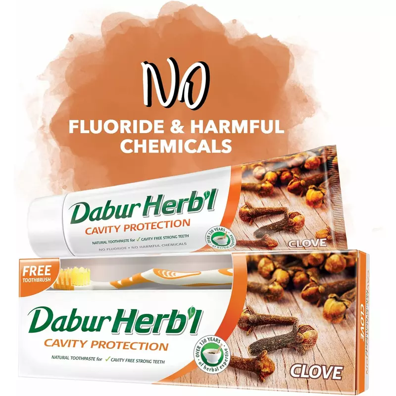 Dabur Herbal Toothpaste Cavity Protection, Enriched With Clove, 150G With Brush Clove 3 Dabur Herbal Cavity Protection Clove Toothpaste, Enriched With Clove, Natural Toothpaste For Cavity Free Strong Teeth Without Brush 150G 6Pcs Dhtpc