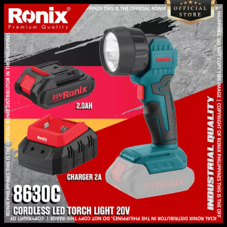 Ronix Torch Light LED Cordless , 250lumen of Brightness, Adjustable Head, Strong Body with Soft Grip Rubberized Handle, 20V 2AH 8630C