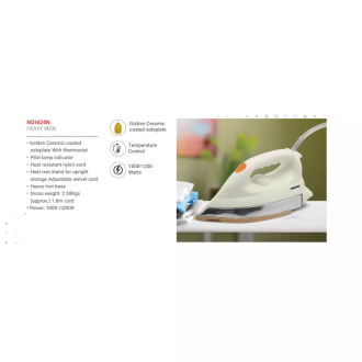 Nikai Dry Iron 1200W Golden Ceramic Coated Soleplate With Thermostat Heavy Iron Base Heat Resistant Nylon Cord NDI624N