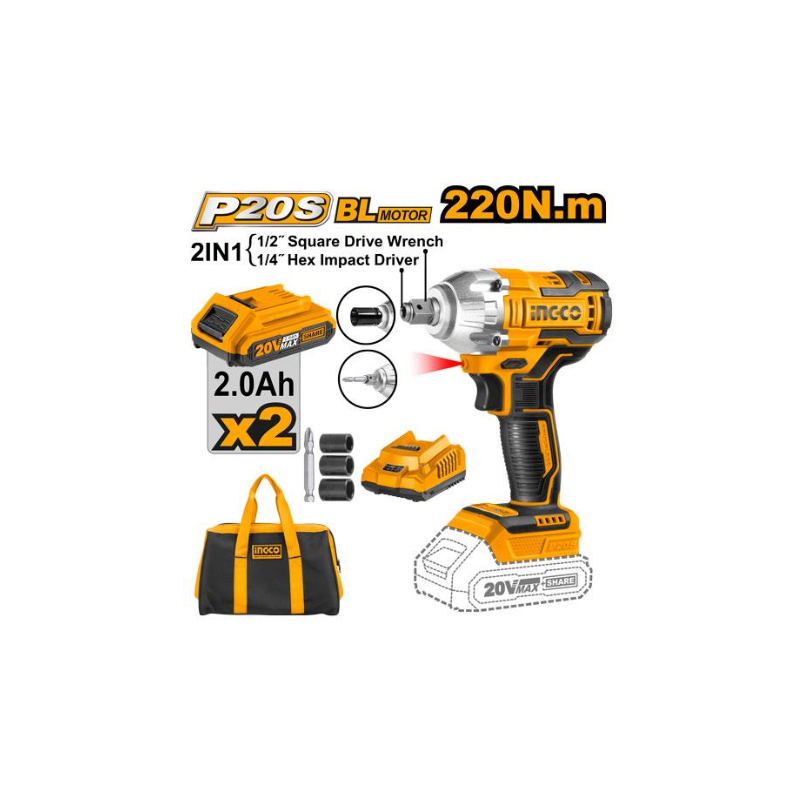 Ingco Cordless Impact Driver &Amp; Wrench Lithium-Ion 20V With Brushless Motor, Charger &Amp; Battery Ciwli20208 2 Ingco Cordless Impact Driver &Amp; Wrench Lithium-Ion 20V With Brushless Motor, Charger &Amp; Battery Ciwli20208
