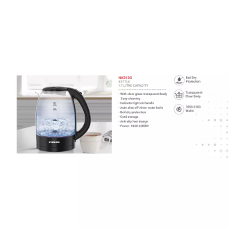 Nikai Jug Kettle 1.2L Glass With Cord Storage 2200W NK313G Automatic Shut Off Boil Dry Protection With Indicator Light On Handle