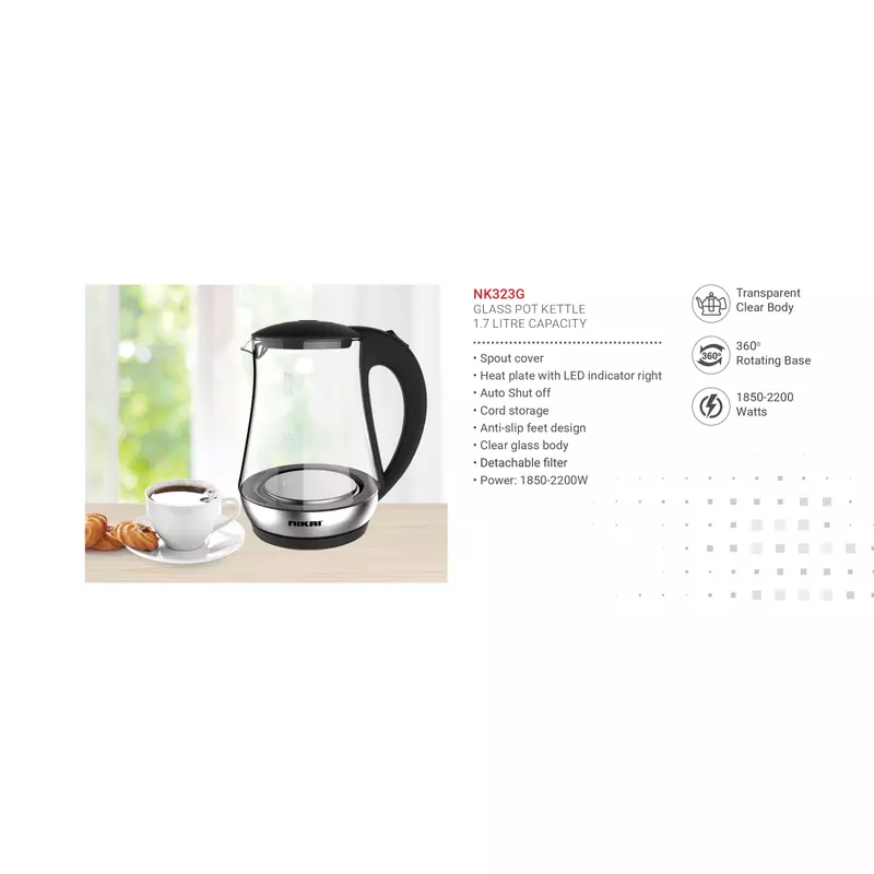 Nikai Jug Kettle 1.7L Glass With Cord Storage 2200W Nk323G Automatic Shut Off Heat Plate With Led Indicator Light Detachable Filter Spout Cover 6 Nikai Jug Kettle 1.7L Glass With Cord Storage 2200W Nk323G Automatic Shut Off Heat Plate With Led Indicator Light Detachable Filter Spout Cover