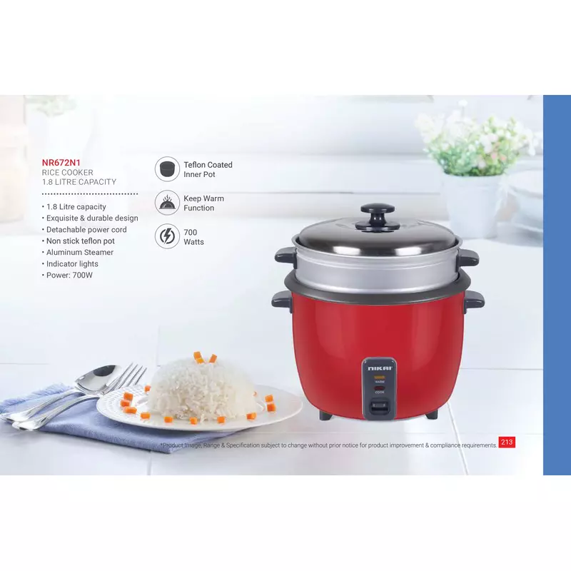 Nikai Rice Cooker 1.8L Keep Warm Function Teflon Coated Inner Pot 700W Nr672N1 Aluminum Steamer Detachable Power Cord Indicator Lights 9 Nikai Rice Cooker 1.8L Keep Warm Function Teflon Coated Inner Pot 700W Nr672N1 Aluminum Steamer Detachable Power Cord Indicator Lights