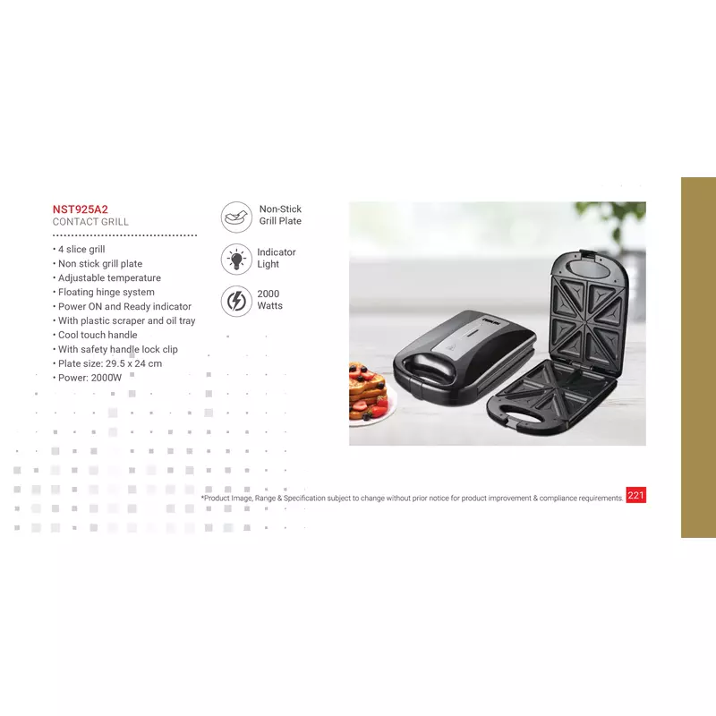 Nikai Sandwich Toaster 4 Slice Plate Size 29.5X24Cm 1400W Nst925A2 Non Stick Grill Plate Cool Touch Handle With Light Indicator Adjustable Temperature Floating Hinge System 5 Nikai Sandwich Toaster 4 Slice Plate Size 29.5X24Cm 1400W Nst925A2 Non Stick Grill Plate Cool Touch Handle With Light Indicator Adjustable Temperature Floating Hinge System
