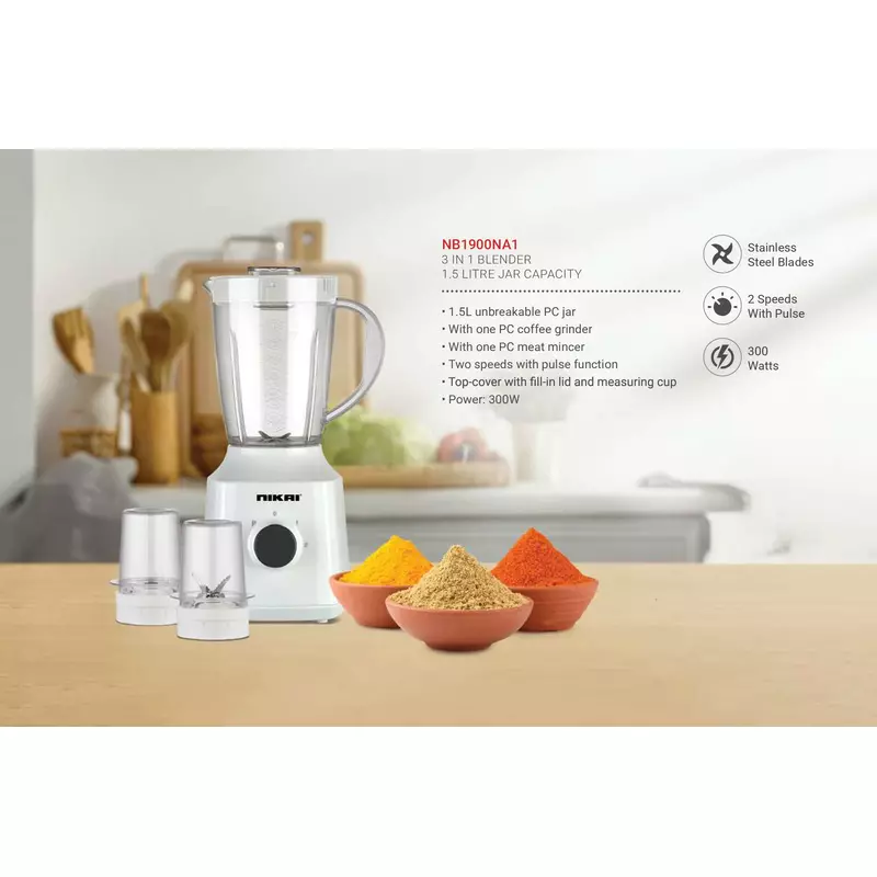 Nikai Blender 1.5L With Dry And Wet 2 Grinders 300W Nb1900Na1 3 Plastic Jars 1 Cofee Grinder &Amp; 1 Meat Mincer 2 Speed With Pulse 1 Nikai Blender 1.5L With Dry And Wet 2 Grinders 300W Nb1900Na1 3 Plastic Jars 1 Cofee Grinder &Amp; 1 Meat Mincer 2 Speed With Pulse