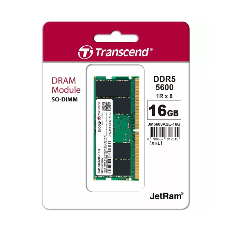 Transcend Notebook/Laptop Memory Module - 16Gb Ram Ddr5 5600, So-Dimm, 1Rx8 Configuration, 2Gx8, Cl46, 1.1V, Jm5600Ase-16G. 1 Transcend Notebook/Laptop Memory Module - 16Gb Ram Ddr5 5600, So-Dimm, 1Rx8 Configuration, 2Gx8, Cl46, 1.1V, Jm5600Ase-16G.
