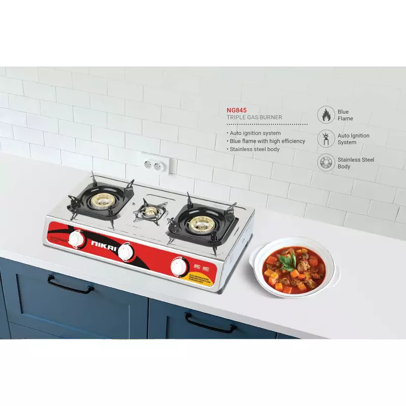 Nikai Gas Cooker 3 Burner Steel Ng845 Stainless Steel Auto Ignition System Blue Flame 3 Nikai Gas Cooker 3 Burner Steel Ng845 Stainless Steel Auto Ignition System Blue Flame