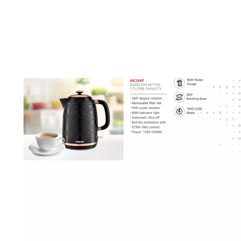 Nikai Jug Kettle 1.7L Plastic With Water Guage 2200W Nk244P Automatic Shut Off Boil Dry Protection With Indicator Light Removable Filter Net 2 Nikai Jug Kettle 1.7L Plastic With Water Guage 2200W Nk244P Automatic Shut Off Boil Dry Protection With Indicator Light Removable Filter Net