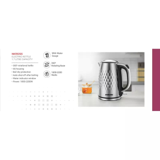 Nikai Jug Kettle 1.7L Steel With Water Guage 2200W NK592SS Automatic Shut Off Boil Dry Protection With Indicator Window Stainless Steel Housing