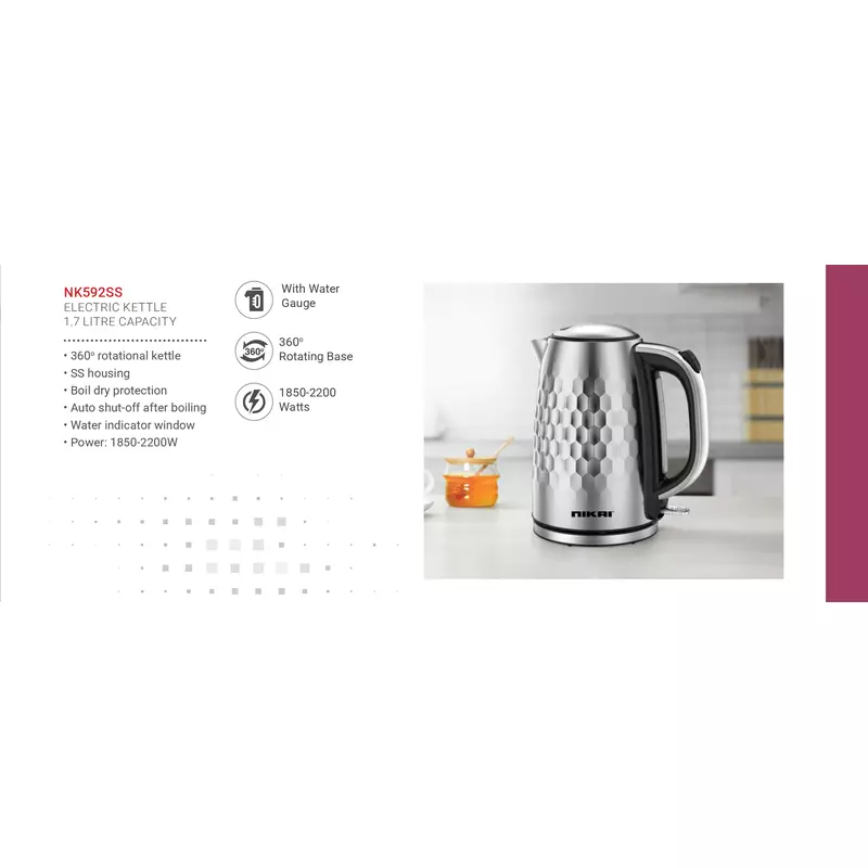 Nikai Jug Kettle 1.7L Steel With Water Guage 2200W Nk592Ss Automatic Shut Off Boil Dry Protection With Indicator Window Stainless Steel Housing 2 Nikai Jug Kettle 1.7L Steel With Water Guage 2200W Nk592Ss Automatic Shut Off Boil Dry Protection With Indicator Window Stainless Steel Housing