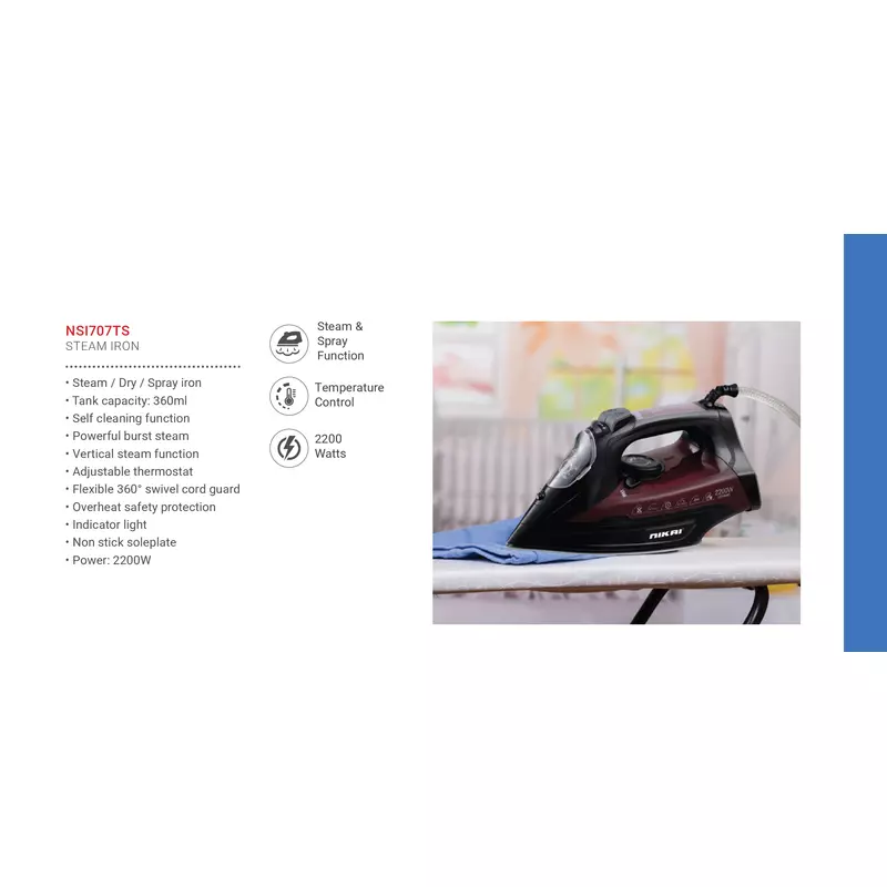 Nikai Steam Iron 360Ml Tank Dry And Spray Function 2200W Nsi707Ts Temperature Control Non Stick Sole Plate Vertical Steam Function Indicator Light Powerful Burst System 3 Nikai Steam Iron 360Ml Tank Dry And Spray Function 2200W Nsi707Ts Temperature Control Non Stick Sole Plate Vertical Steam Function Indicator Light Powerful Burst System