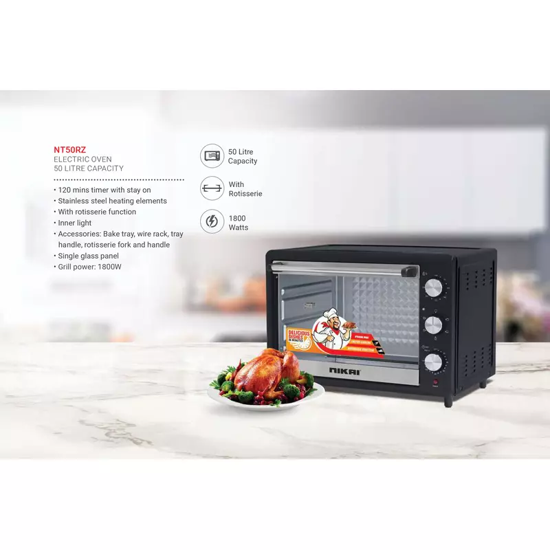 Nikai Oven Electric 50L With Rosting Function 1800W Nt50Rz 120 Mins Timer Single Glass Panel Stainless Steel Heating Elements Inner Light 4 Nikai Oven Electric 50L With Rosting Function 1800W Nt50Rz 120 Mins Timer Single Glass Panel Stainless Steel Heating Elements Inner Light