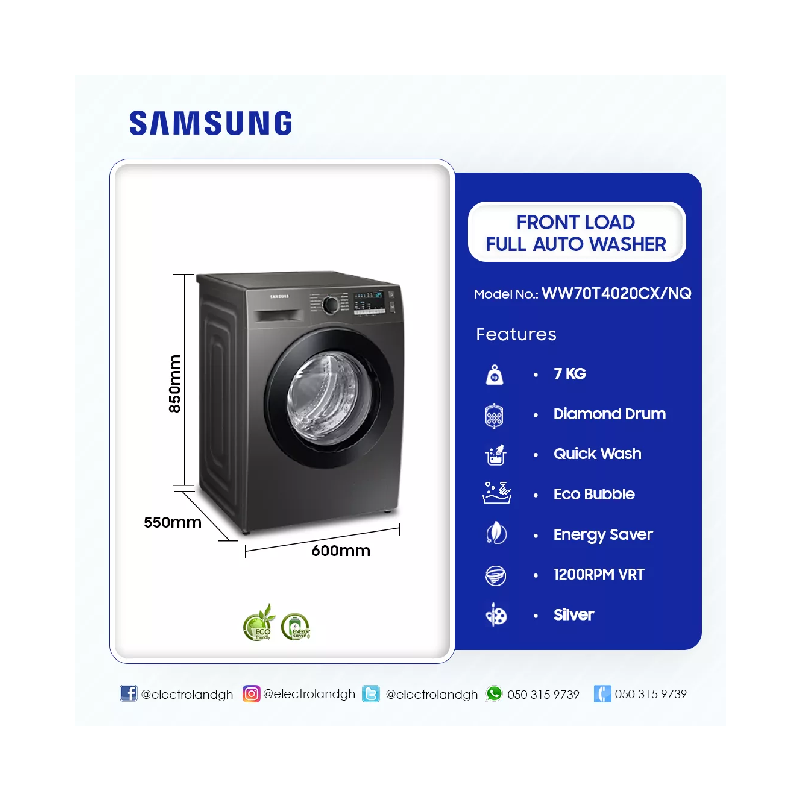 Samsung Washing Machine 7Kg Front Load, Digital Inverter Technology, Diiamond Drum, Quick Wash, Eco Bibble, Energy Saving, Hygiene Steam, Silver Ww70T4020Cx/Nq 2 Samsung Washing Machine 7Kg Front Load, Digital Inverter Technology, Diiamond Drum, Quick Wash, Eco Bibble, Energy Saving, Hygiene Steam, Silver Ww70T4020Cx/Nq