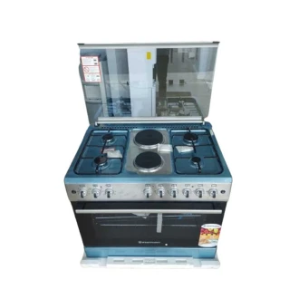 Westpoint Freestanding Cooker, 60X60cm, 4 Gas, 2 Electric Plates, Electric Oven with Grill Glass Lid. Auto Ignition, Inox WCER9642E8X