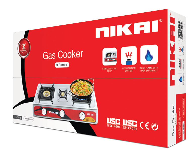 Nikai Gas Cooker 3 Burner Steel Ng845 Stainless Steel Auto Ignition System Blue Flame 1 Nikai Gas Cooker 3 Burner Steel Ng845 Stainless Steel Auto Ignition System Blue Flame