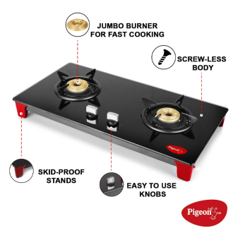 Pigeon Gas Cooker 2 Burner Glass 8mm Tempered Infinity Sap 14376 - Tempered Glass Panel Auto Ignition Die Cast Legs Thermal Efficiency