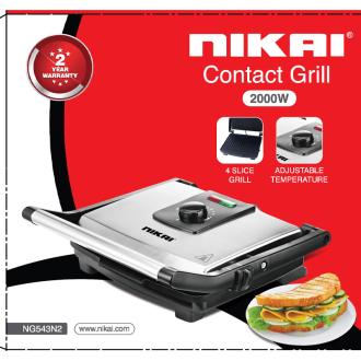 Nikai Sandwich Toaster 4 Slice 29.5X24Cm 2000W NG543N2A Non Stick Grill Plate Adjustable Temperature Light Indicator Cool Touch